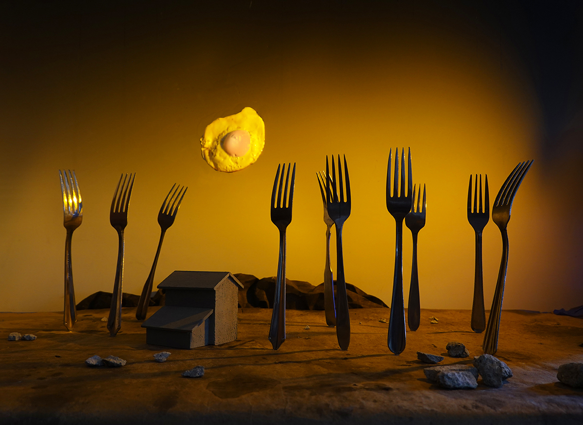 Surrealism, dream, forks, silverware, tableware, table utensils, sunset, egg, fried egg, landscape, surreal cutlery